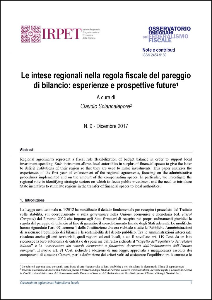 cover ORFF 9_2017 Intese_reg.li REGOLA FISCALE PAREGGIO BILANCIO_Sciancalepore 11.17