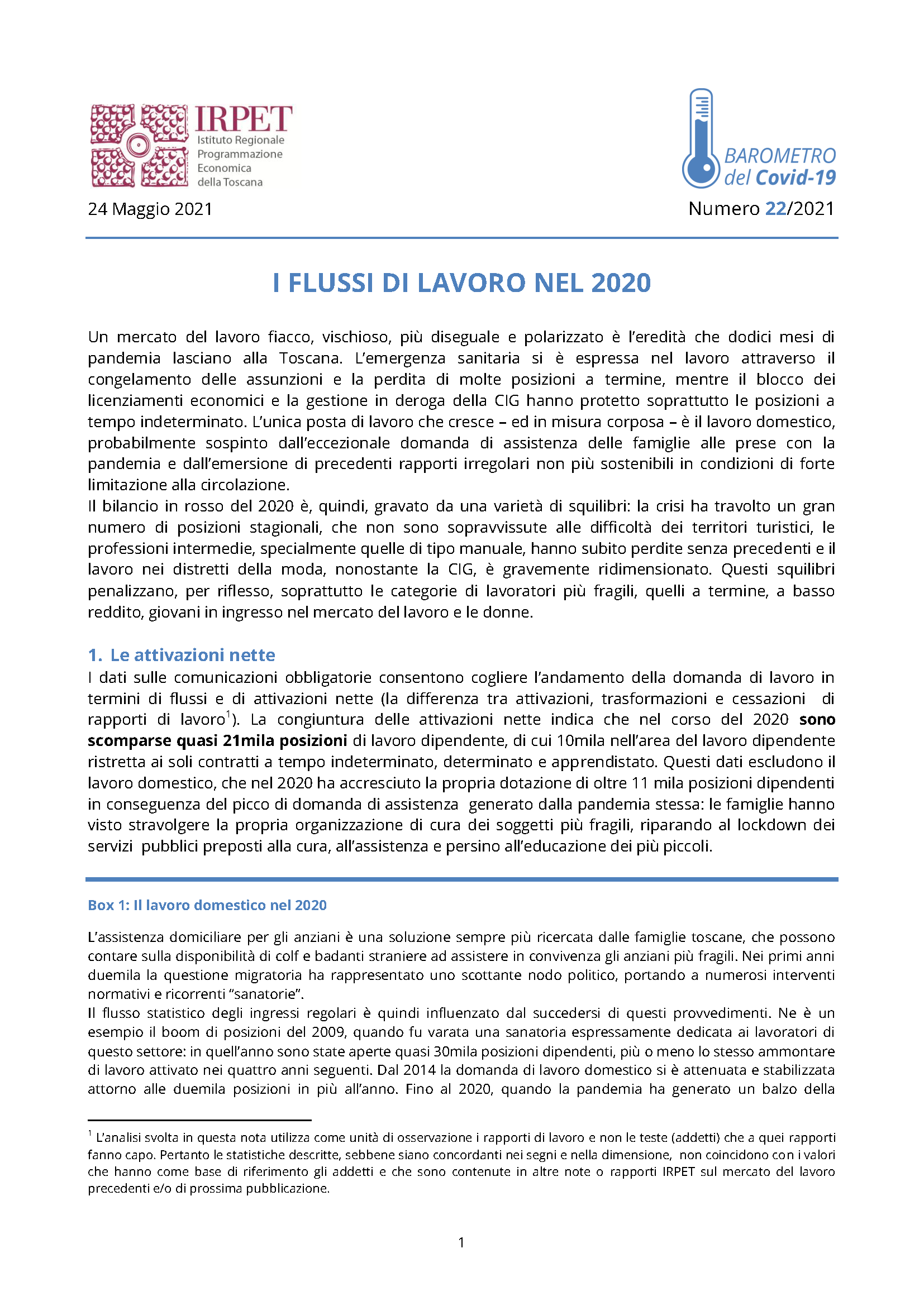 Barometro 22 flussi lavoro 2020 24.05.2021