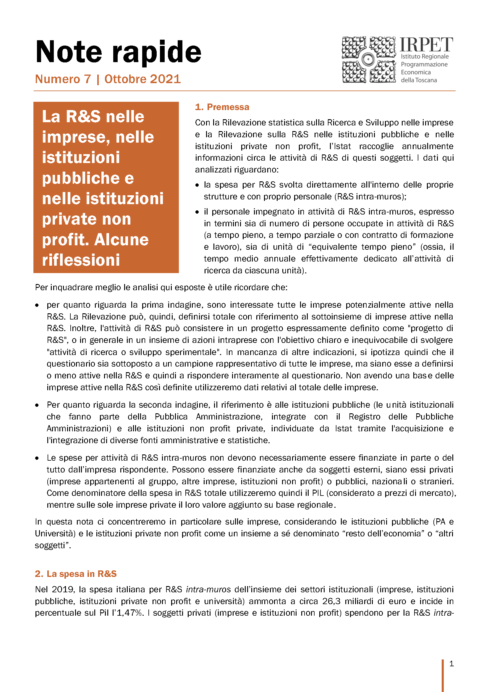 IRPET Nota rapida n. 7 ottobre 2021 R&S