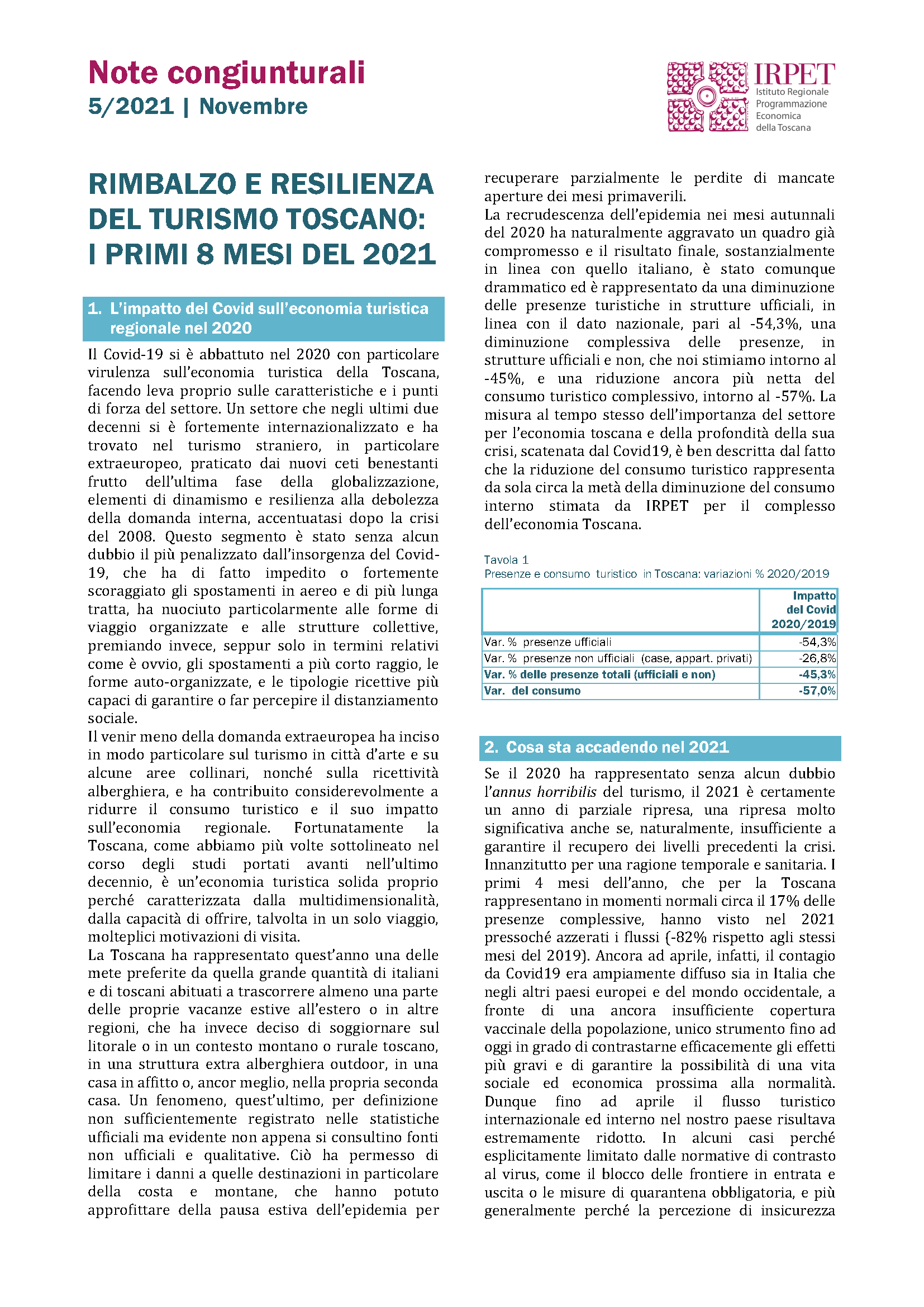 IRPET Nota congiunturale 5_2021 turismo nov.