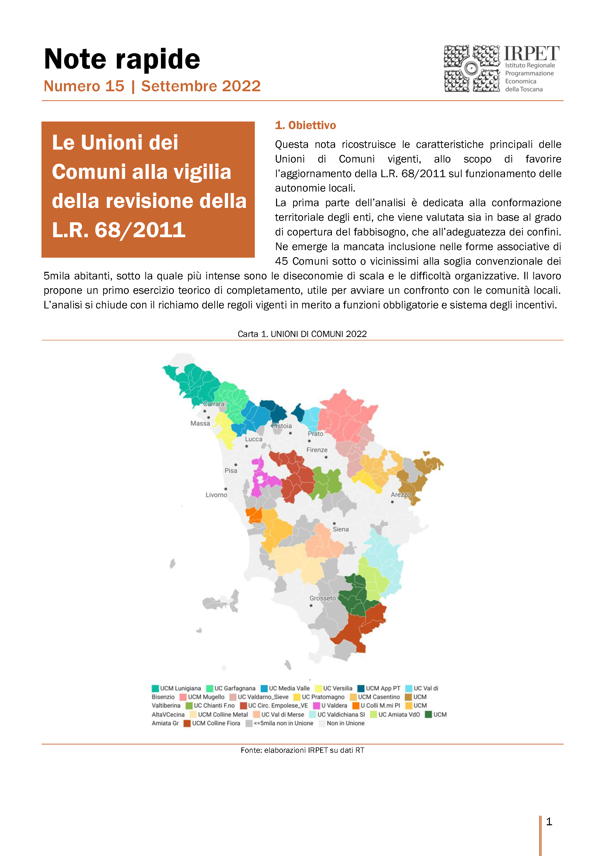 IRPET Nota rapida Unioni Comuni 15_2022