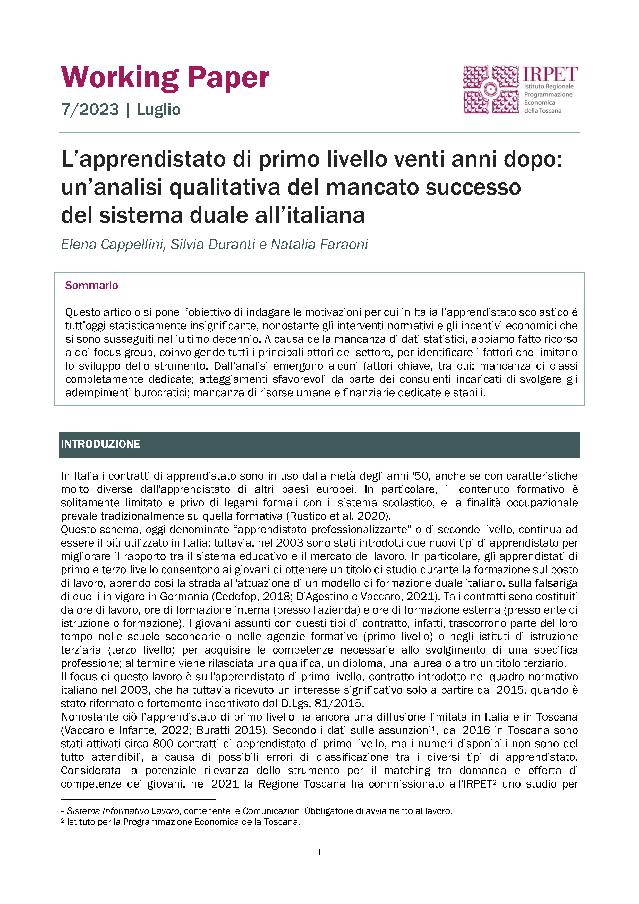 IRPET WP 7_2023 Apprendistato I liv. 20 anni dopo